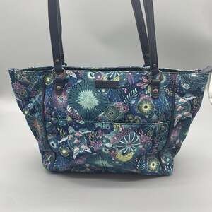 SAKROOTS Blue Seascape Purse Shoulder Tote Travel Bag 16” Seashells Handbag